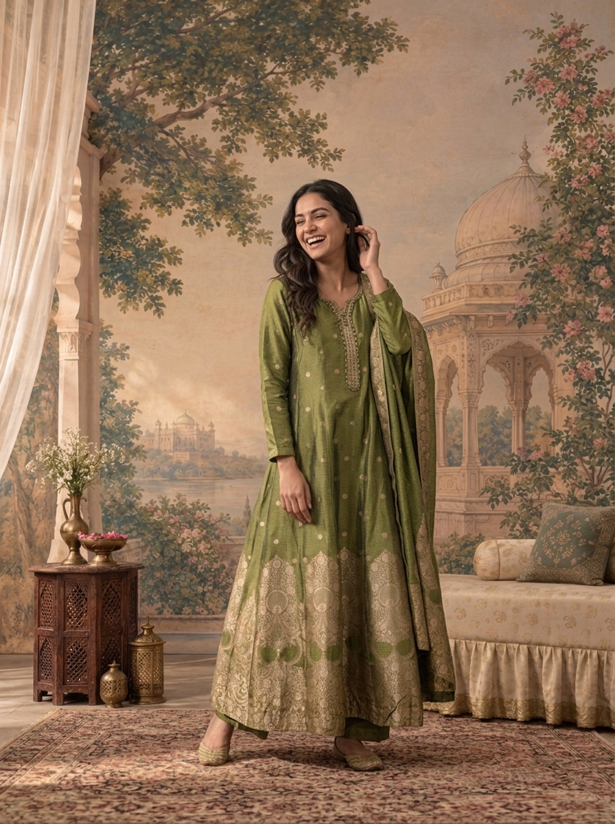 Mehadi Green Silk Zari Brocade Weaved Three Piece Set