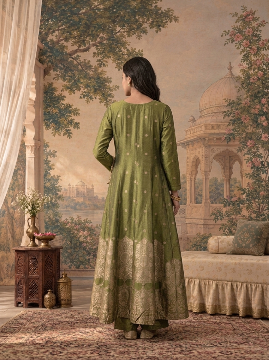 Mehadi Green Silk Zari Brocade Weaved Three Piece Set
