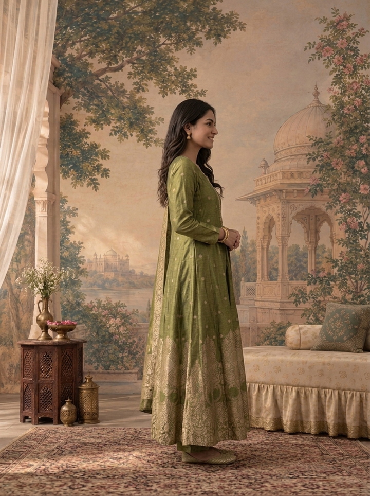 Mehadi Green Silk Zari Brocade Weaved Three Piece Set