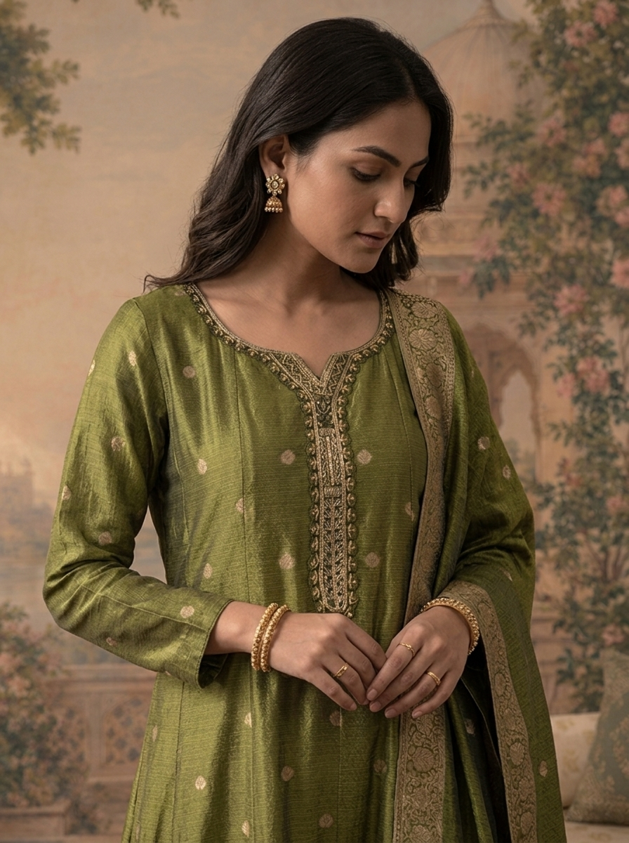 Mehadi Green Silk Zari Brocade Weaved Three Piece Set