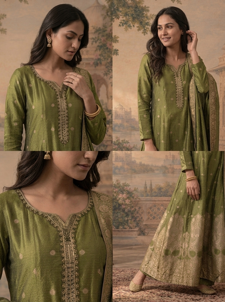 Mehadi Green Silk Zari Brocade Weaved Three Piece Set
