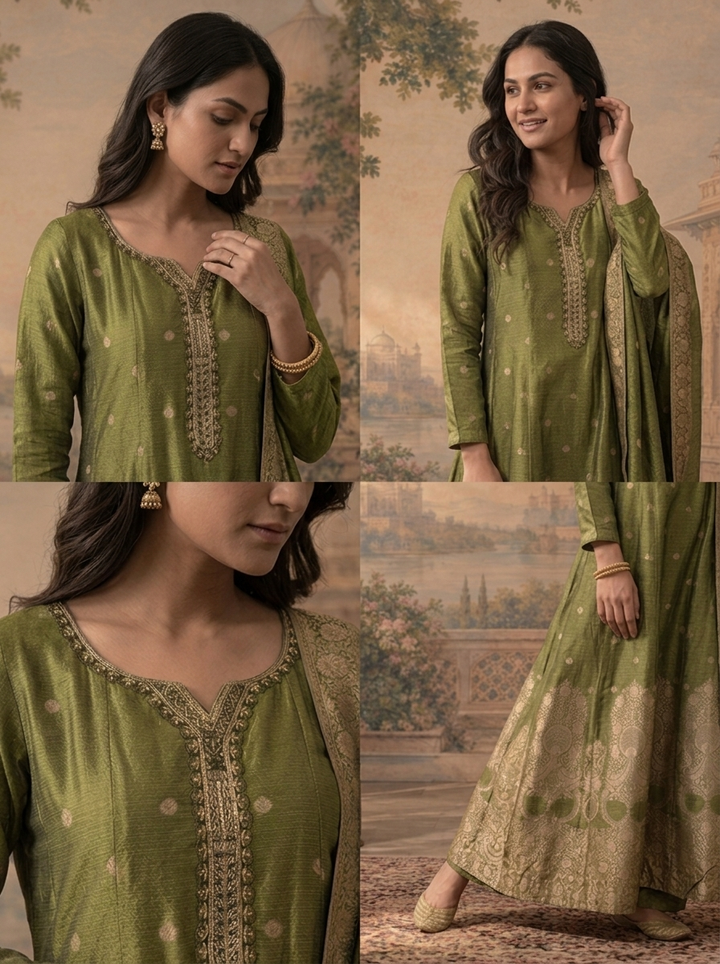 Mehadi Green Silk Zari Brocade Weaved Three Piece Set