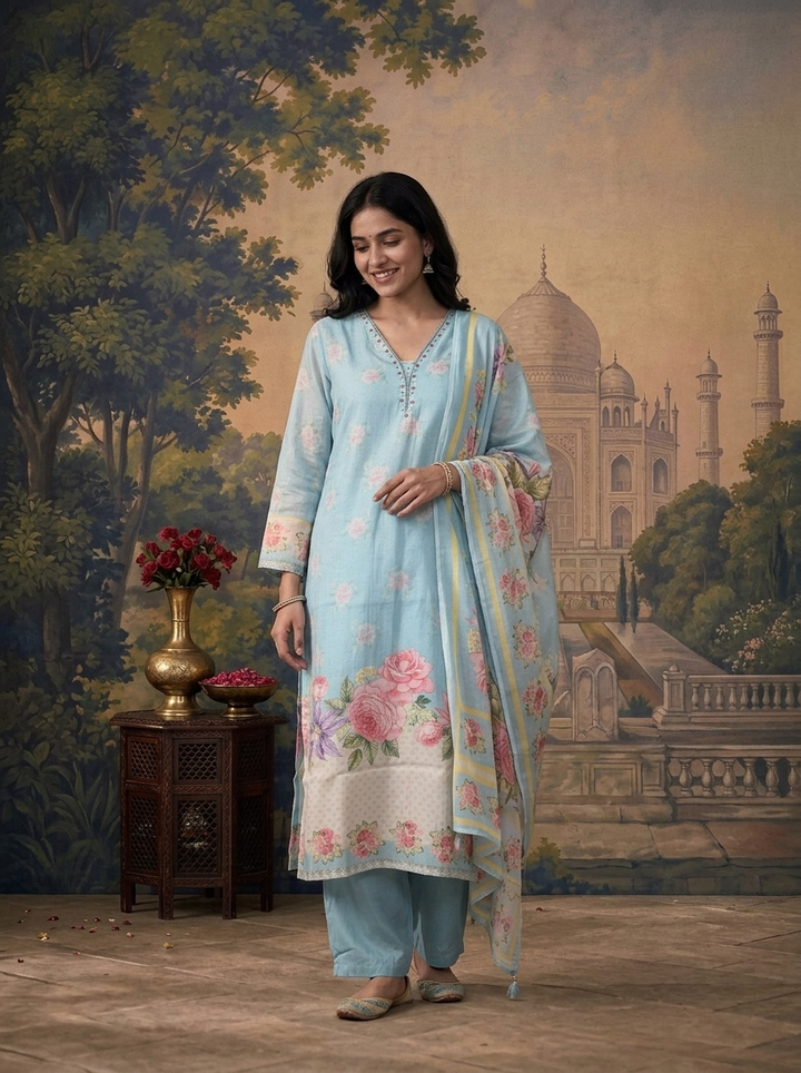 Sky Blue Chanderi Watercolor Floral Printed Three Piece Set
