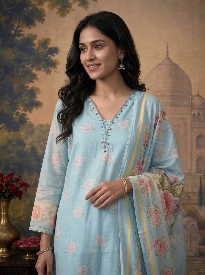 Sky Blue Chanderi Watercolor Floral Printed Three Piece Set