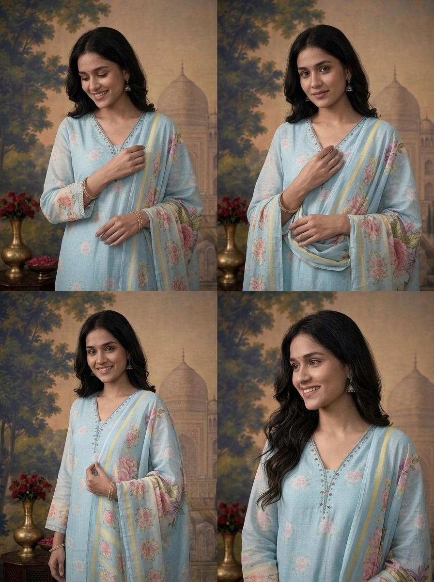Sky Blue Chanderi Watercolor Floral Printed Three Piece Set