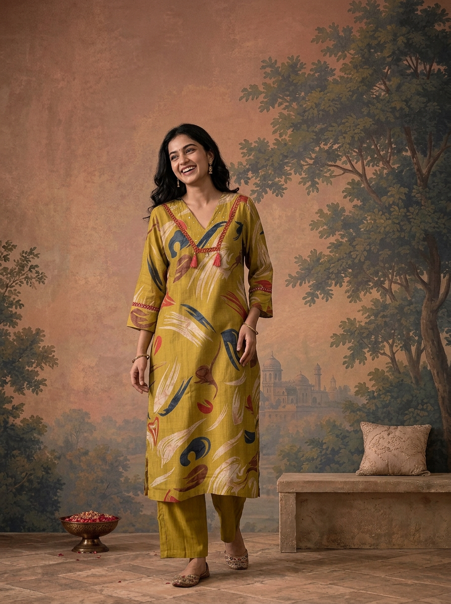 Mehadi Green Rayon Abstract Feather Brush Stroke Printed Two Piece Set