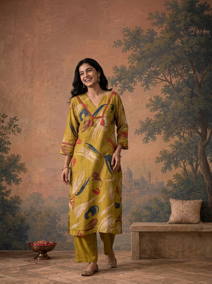 Mehadi Green Rayon Abstract Feather Brush Stroke Printed Two Piece Set