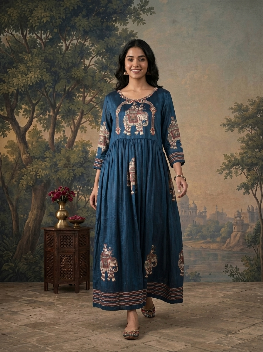 Royal Blue Chinon Elephant Mughal Printed Dress
