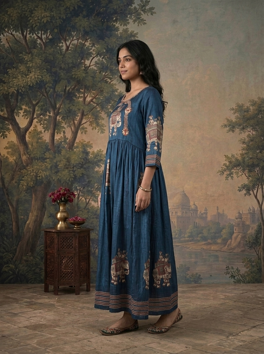 Royal Blue Chinon Elephant Mughal Printed Dress