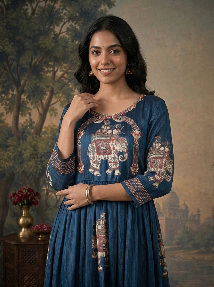 Royal Blue Chinon Elephant Mughal Printed Dress
