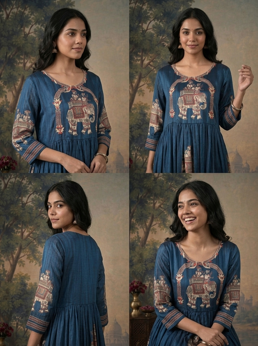Royal Blue Chinon Elephant Mughal Printed Dress