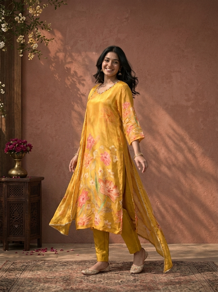 Mustard Crepe Floral Digital Printed Three Piece Set