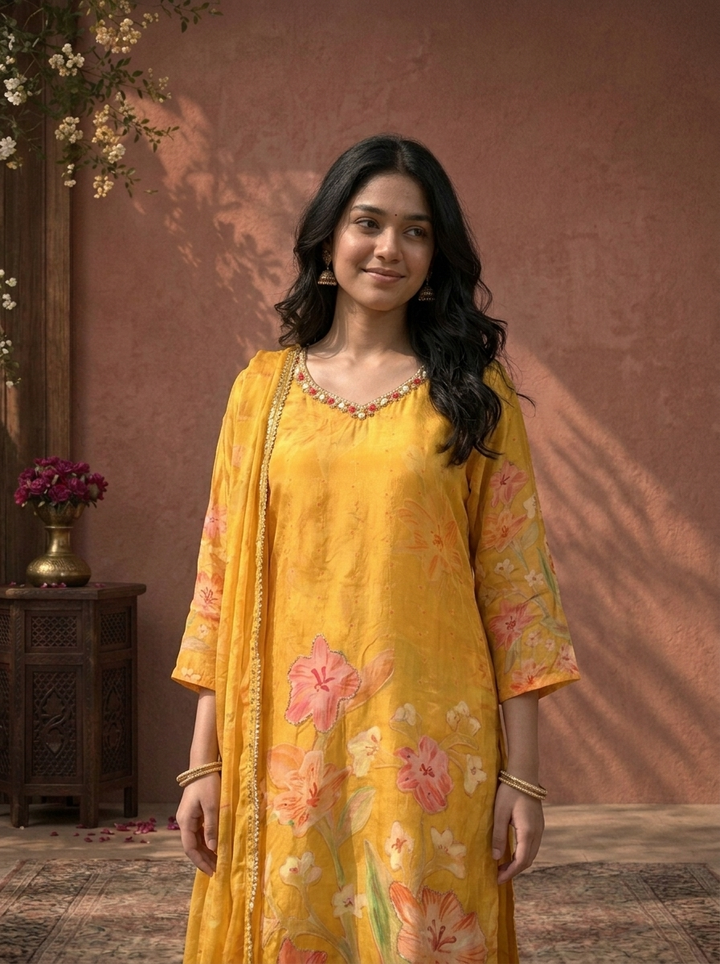 Mustard Crepe Floral Digital Printed Three Piece Set