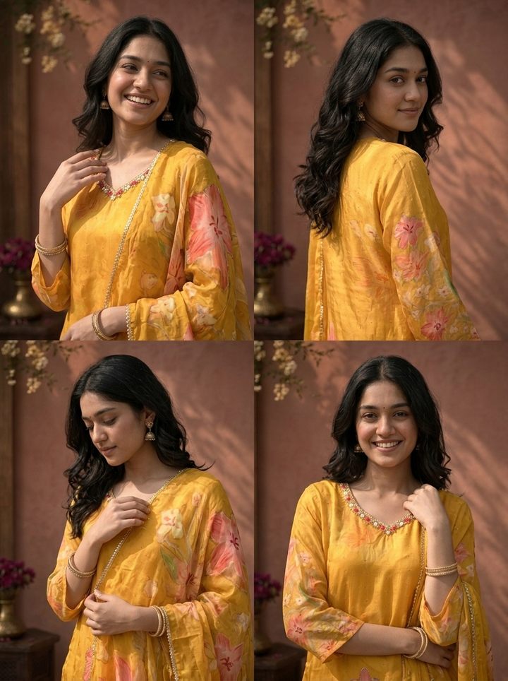 Mustard Crepe Floral Digital Printed Three Piece Set