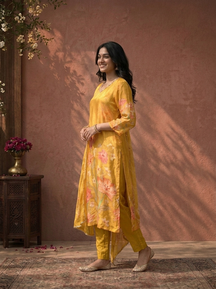 Mustard Crepe Floral Digital Printed Three Piece Set
