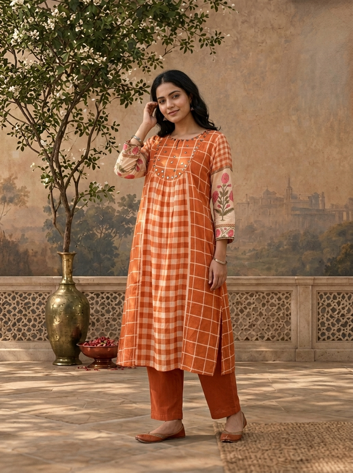 Burnt Orange Cotton Checked Floral Printed Two Piece Set
