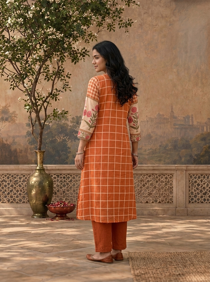Burnt Orange Cotton Checked Floral Printed Two Piece Set