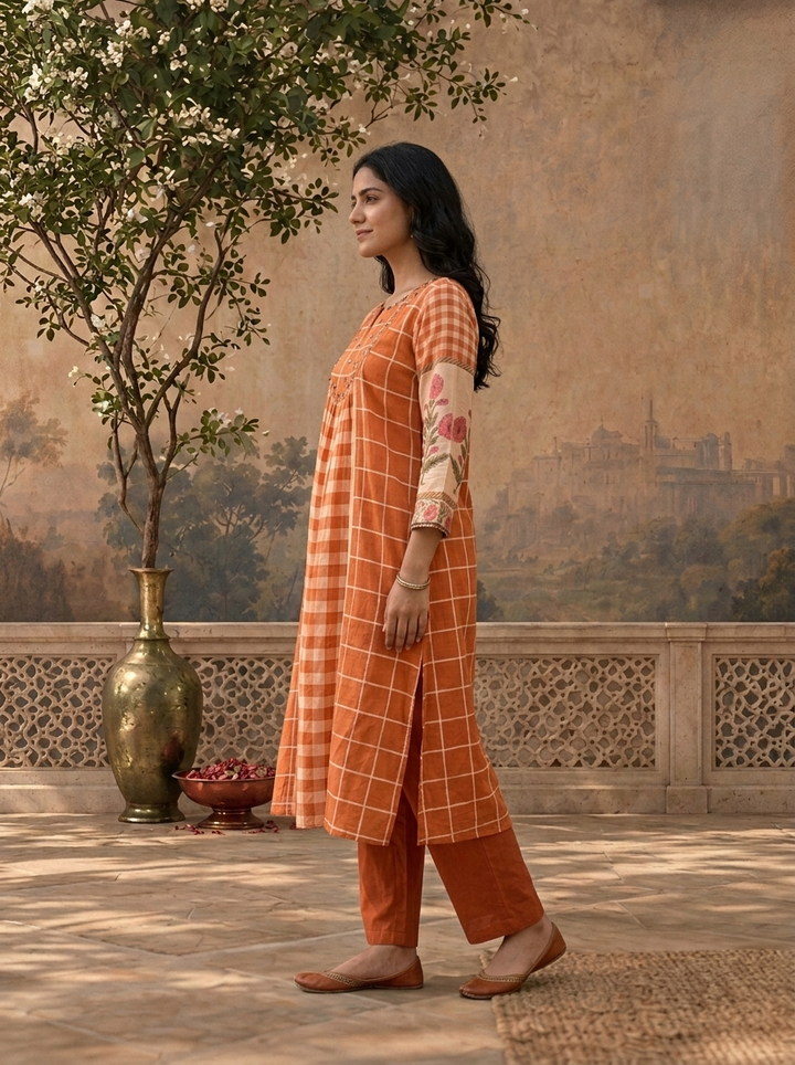 Burnt Orange Cotton Checked Floral Printed Two Piece Set
