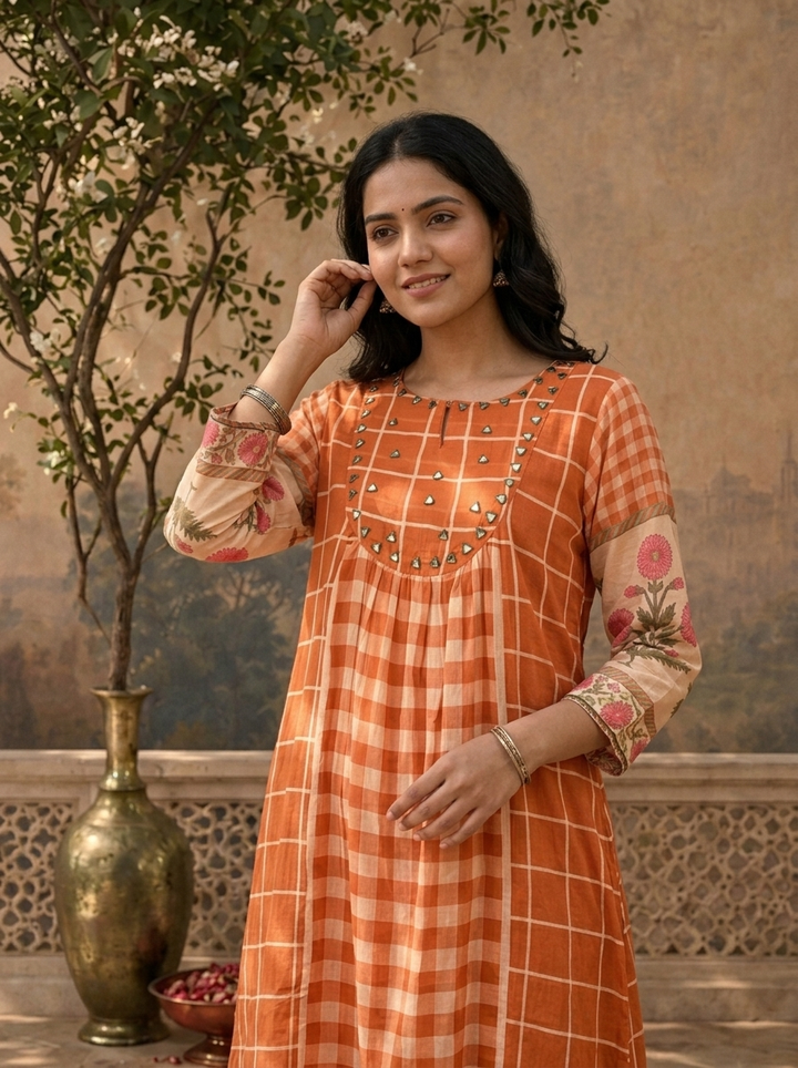 Burnt Orange Cotton Checked Floral Printed Two Piece Set