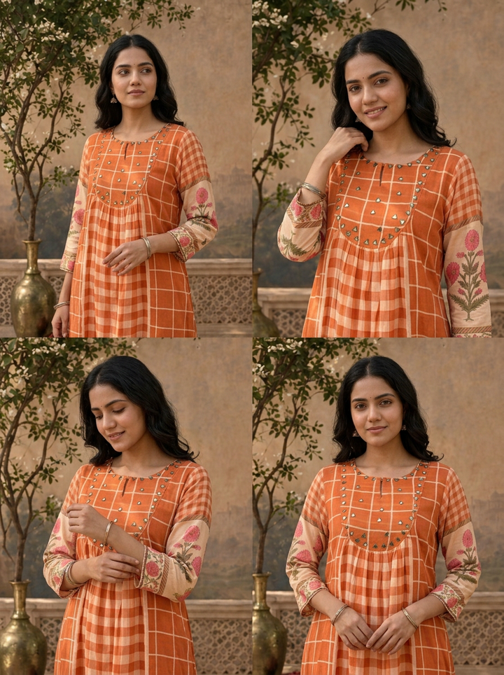 Burnt Orange Cotton Checked Floral Printed Two Piece Set