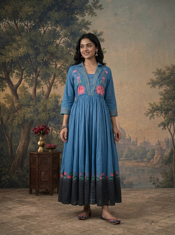 Blue Cotton Lotus Floral Printed Dress