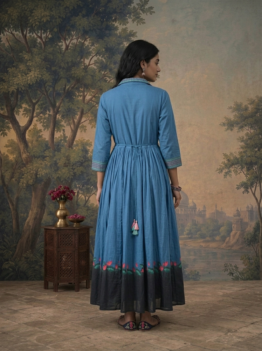 Blue Cotton Lotus Floral Printed Dress