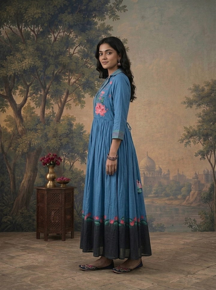 Blue Cotton Lotus Floral Printed Dress