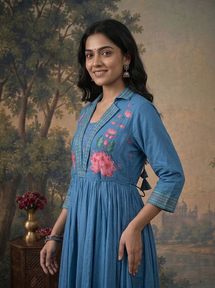 Blue Cotton Lotus Floral Printed Dress