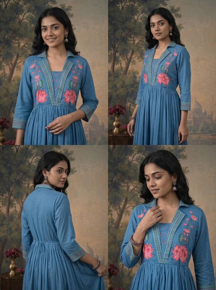 Blue Cotton Lotus Floral Printed Dress