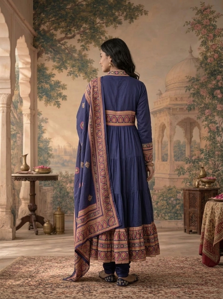 Blue Cotton Solid With Ajrakh Printed Three Piece Set