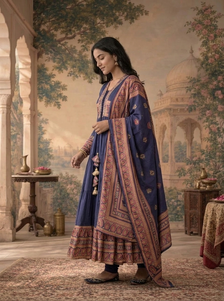 Blue Cotton Solid With Ajrakh Printed Three Piece Set