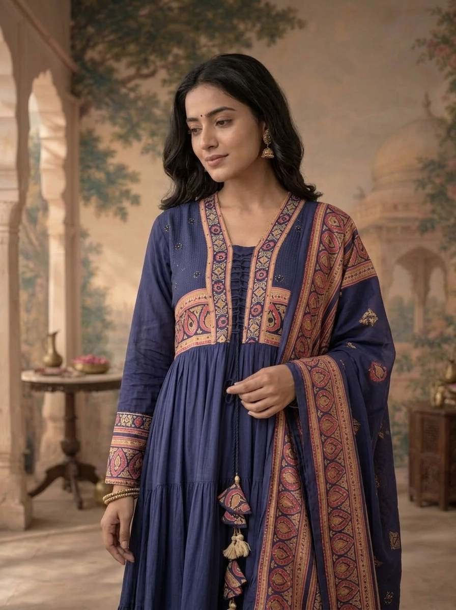 Blue Cotton Solid With Ajrakh Printed Three Piece Set