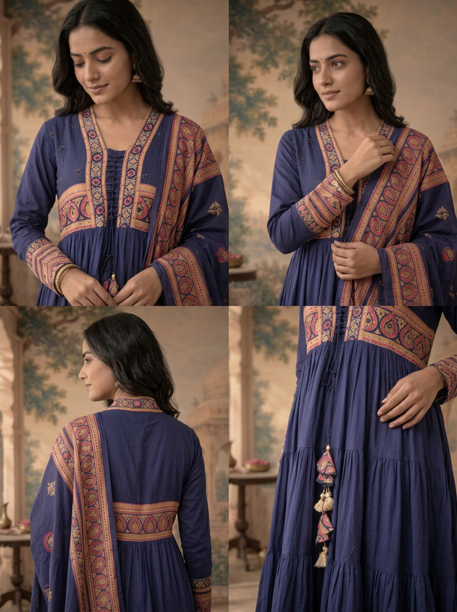 Blue Cotton Solid With Ajrakh Printed Three Piece Set