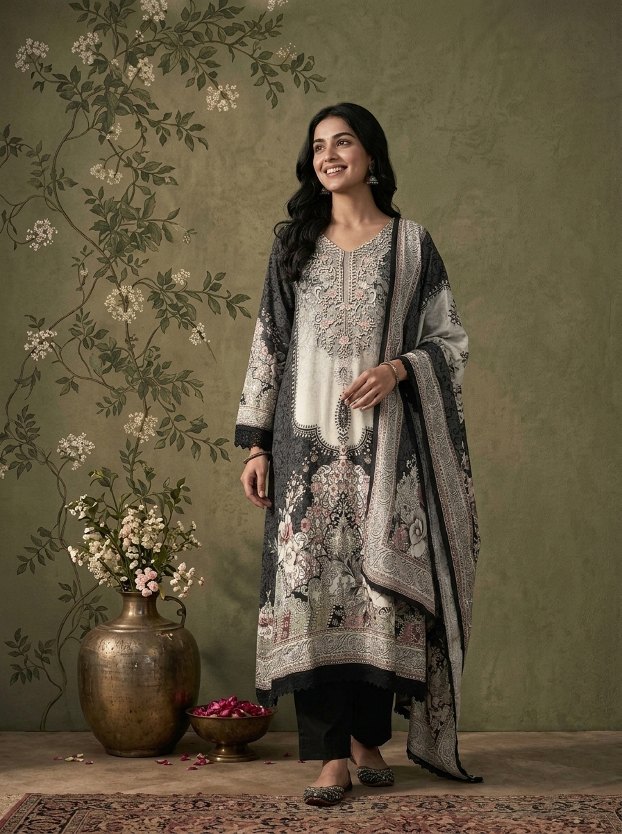 Black Rayon Damask Floral Printed Three Piece Set