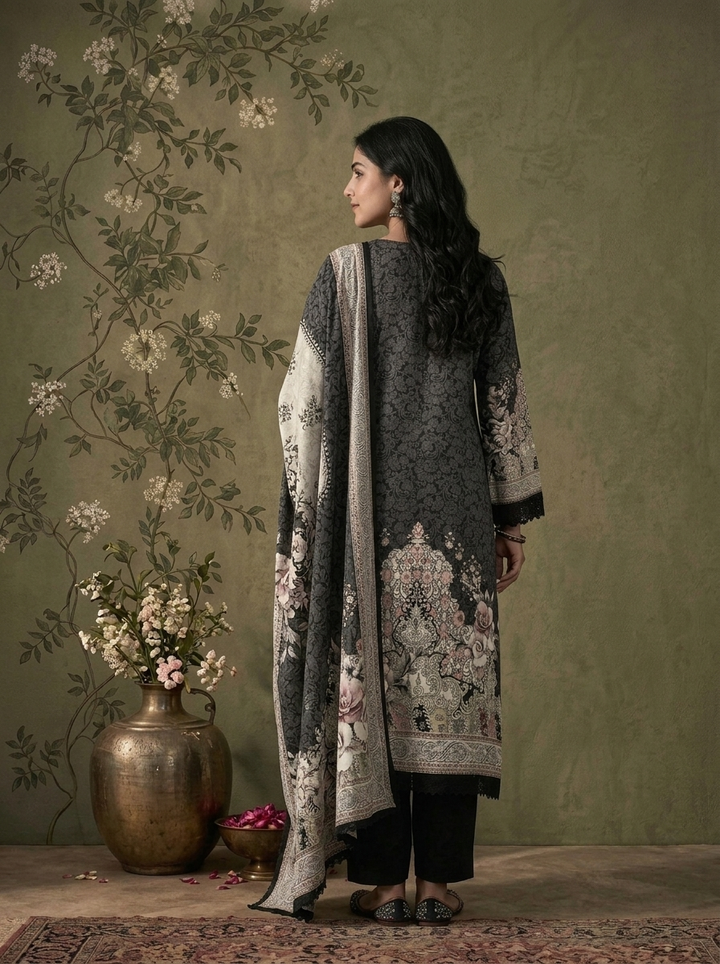 Black Rayon Damask Floral Printed Three Piece Set
