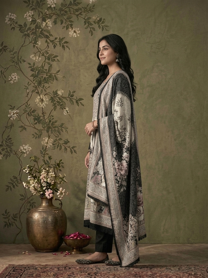 Black Rayon Damask Floral Printed Three Piece Set