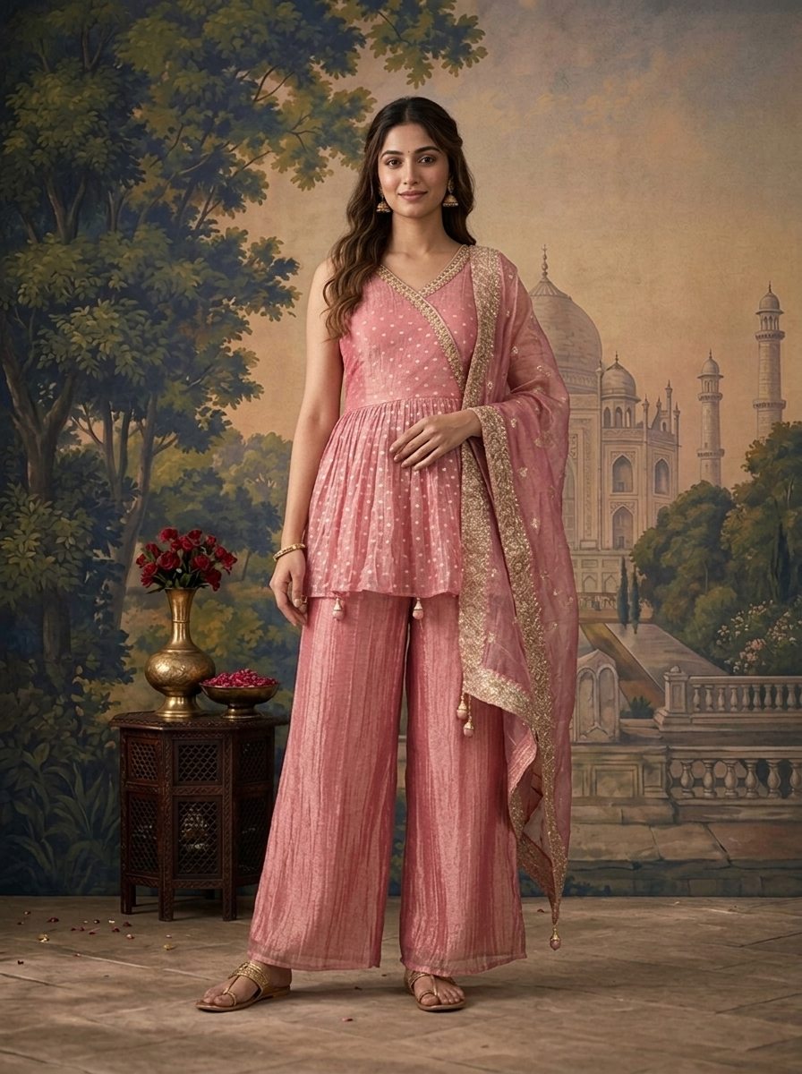 Onion Pink Tissue Zari Buti Printed Three Piece Set