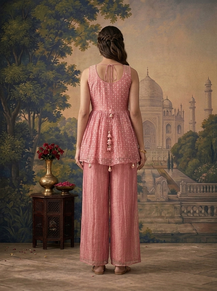 Onion Pink Tissue Zari Buti Printed Three Piece Set