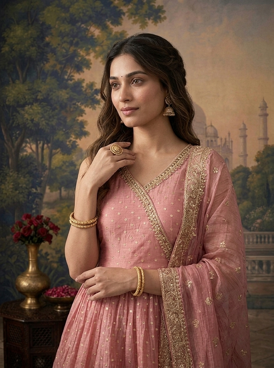 Onion Pink Tissue Zari Buti Printed Three Piece Set