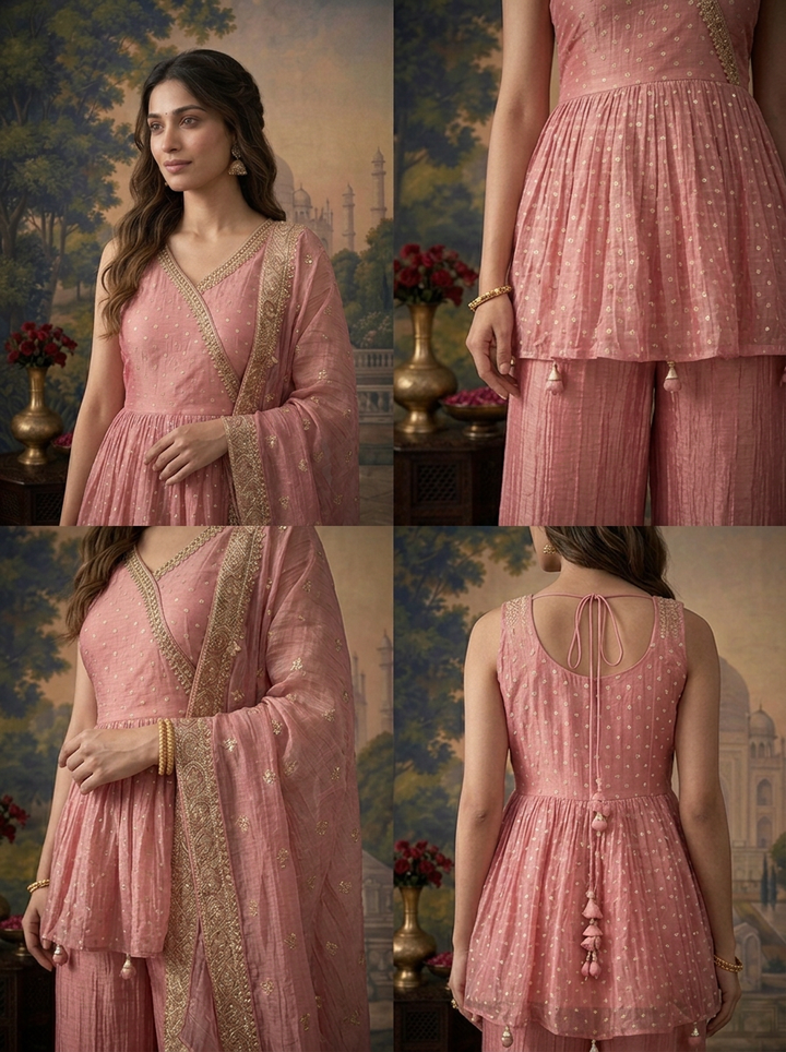 Onion Pink Tissue Zari Buti Printed Three Piece Set