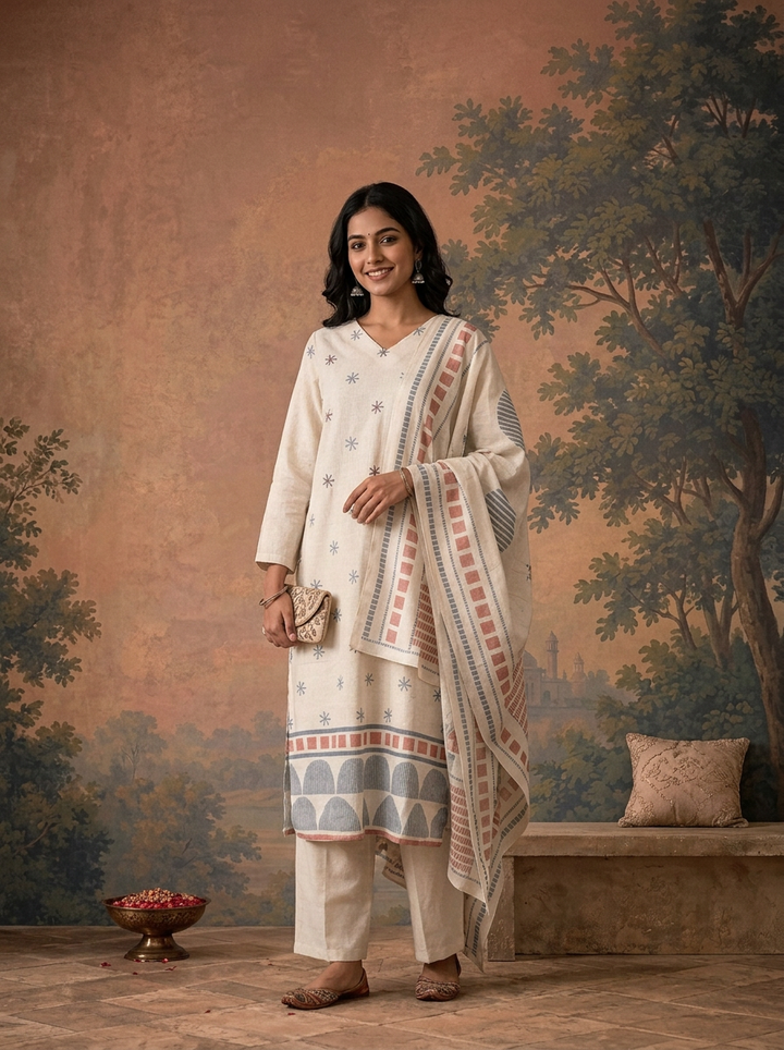 Off White Linen Geometric Star Buti Printed Three Piece Set