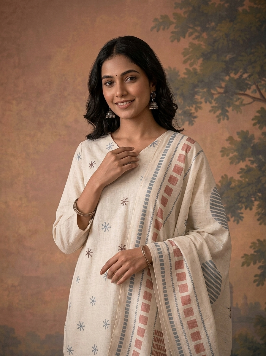 Off White Linen Geometric Star Buti Printed Three Piece Set