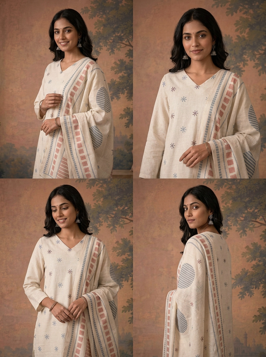 Off White Linen Geometric Star Buti Printed Three Piece Set