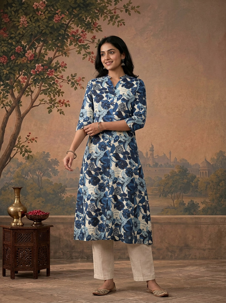 Navy Blue Modal All Over Floral Printed Kurta