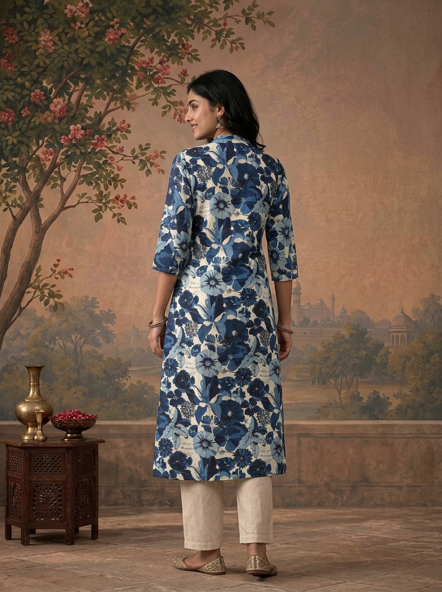 Navy Blue Modal All Over Floral Printed Kurta