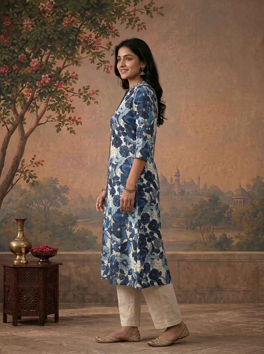 Navy Blue Modal All Over Floral Printed Kurta