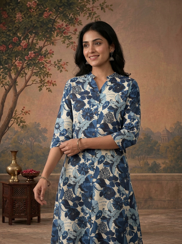 Navy Blue Modal All Over Floral Printed Kurta