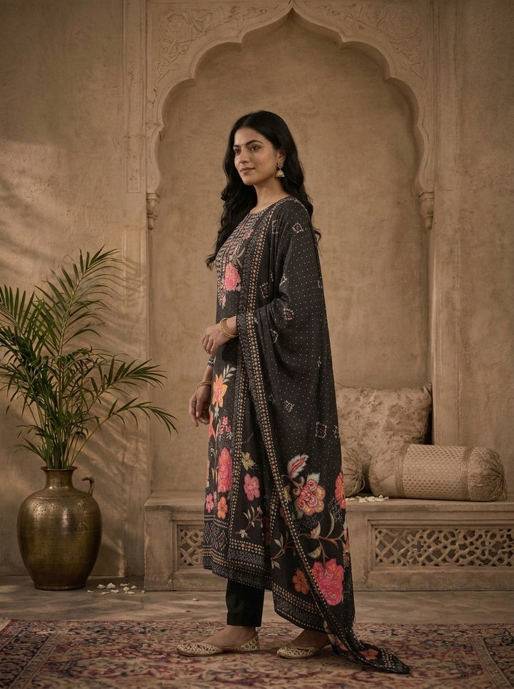 Black Crepe Floral Bandhani Printed Three Piece Set