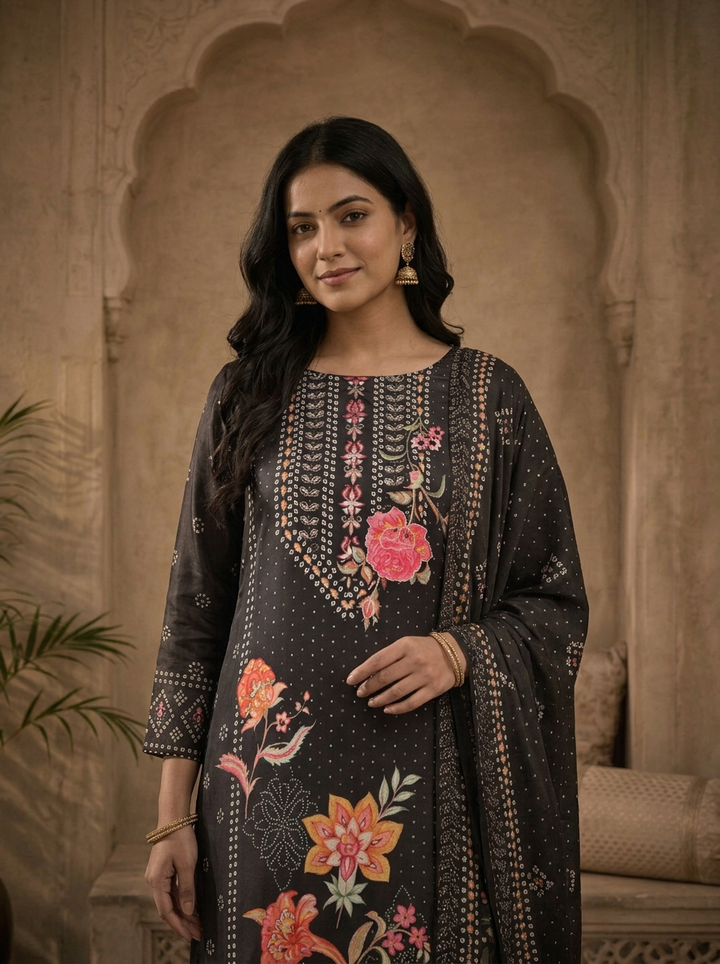 Black Crepe Floral Bandhani Printed Three Piece Set