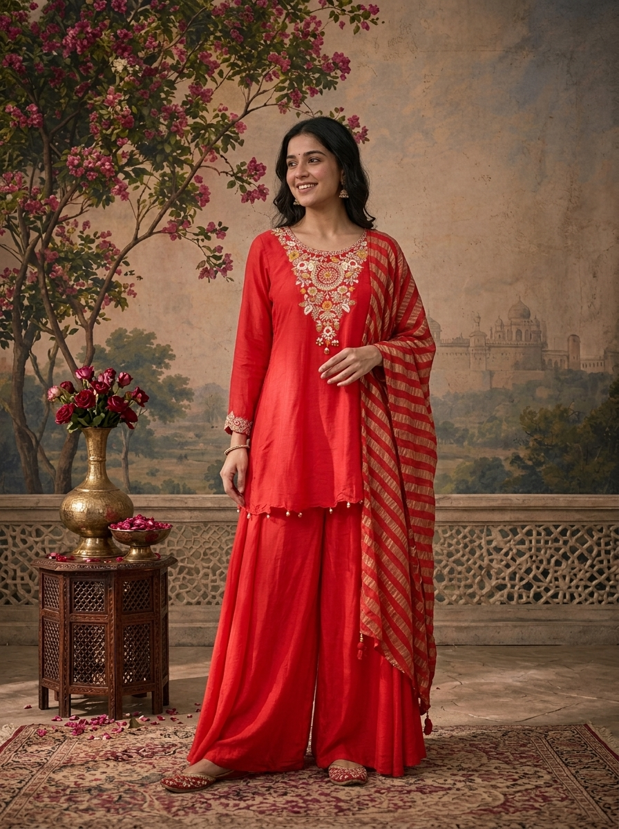 Red Modal Solid With Floral Embroidered Three Piece Set